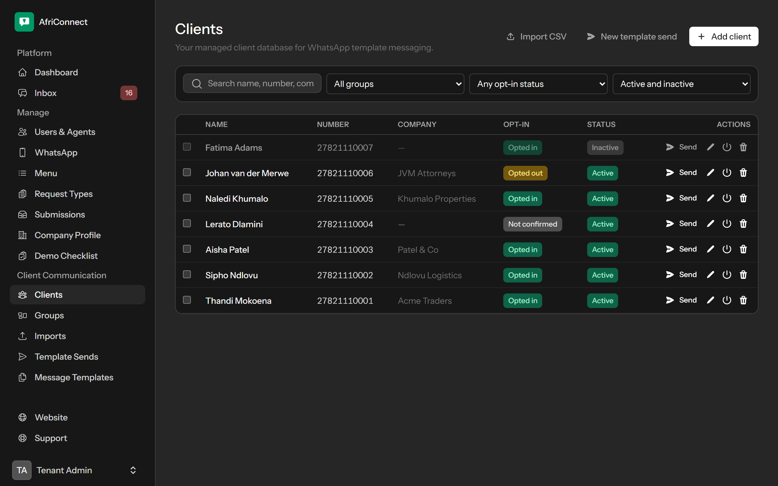 AfriConnect client list showing WhatsApp numbers, companies and opt-in status, ready for approved template messages.