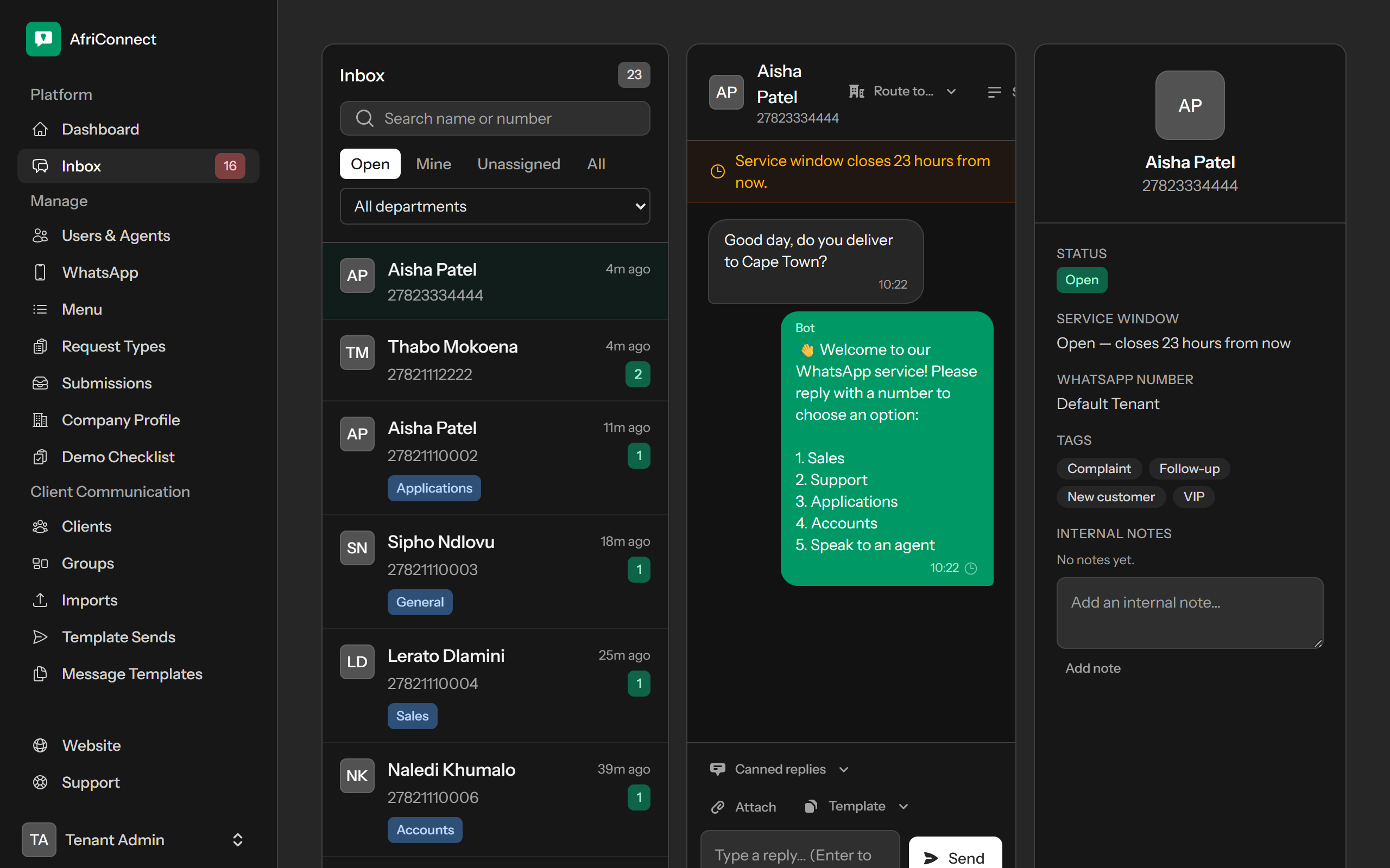 AfriConnect shared WhatsApp inbox: a live customer conversation, the automated menu the customer received, department tags and internal notes.