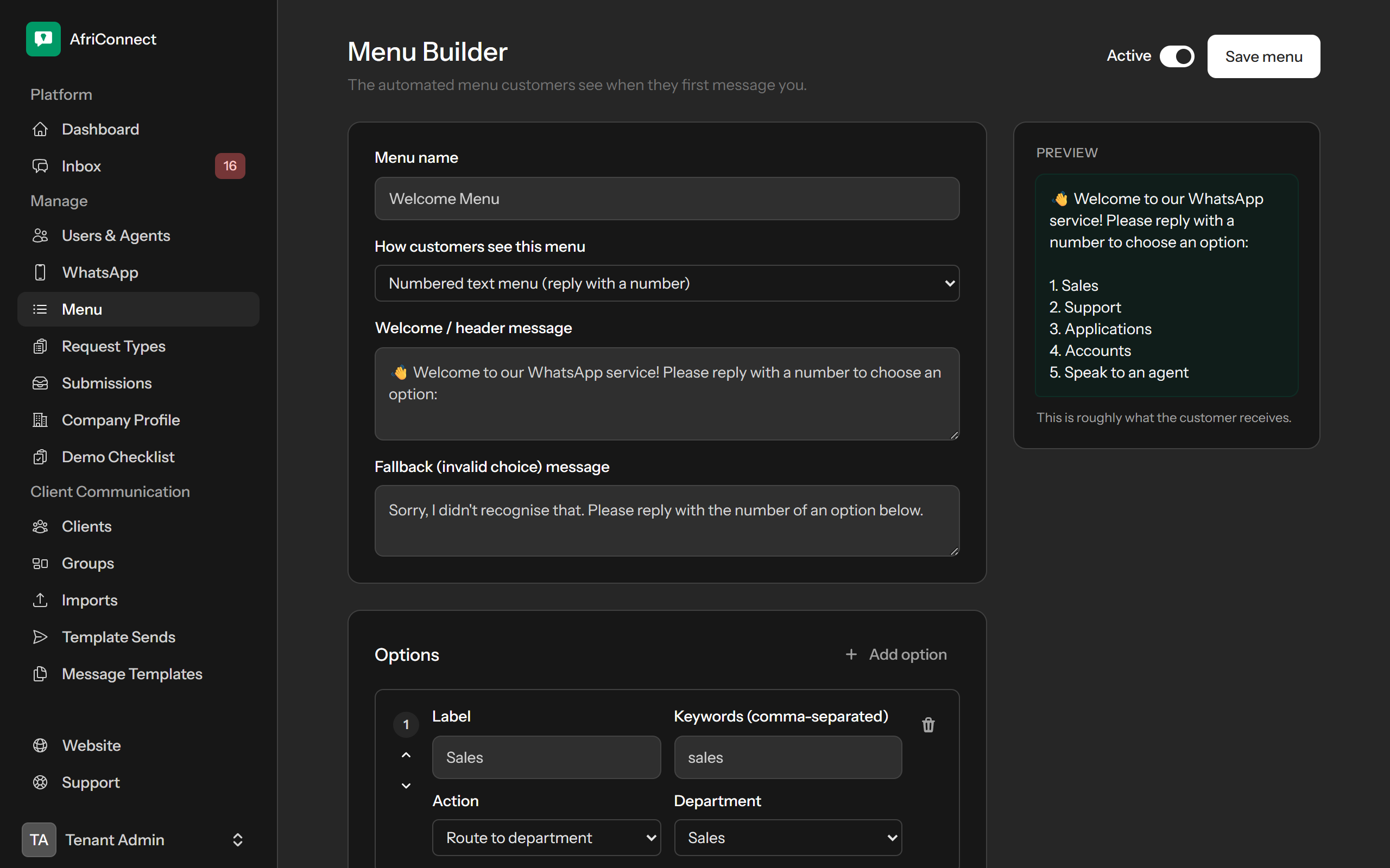 AfriConnect menu builder with a live preview of the WhatsApp chatbot menu a customer receives when they first message.